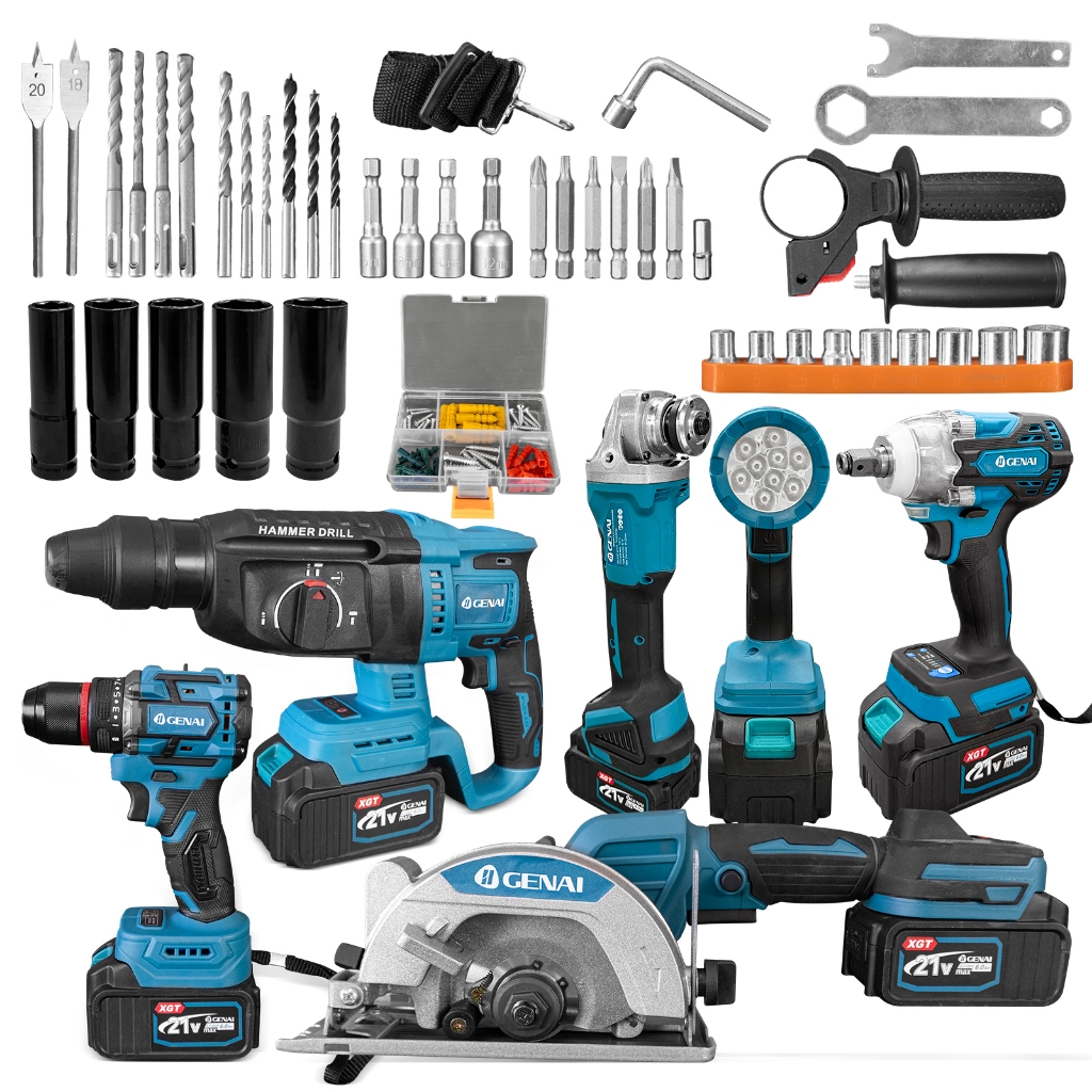 Kit 6 em 1 furadeira sem escova 21V + chave inglesa + rebarbadora + martelo + luz + motosserra