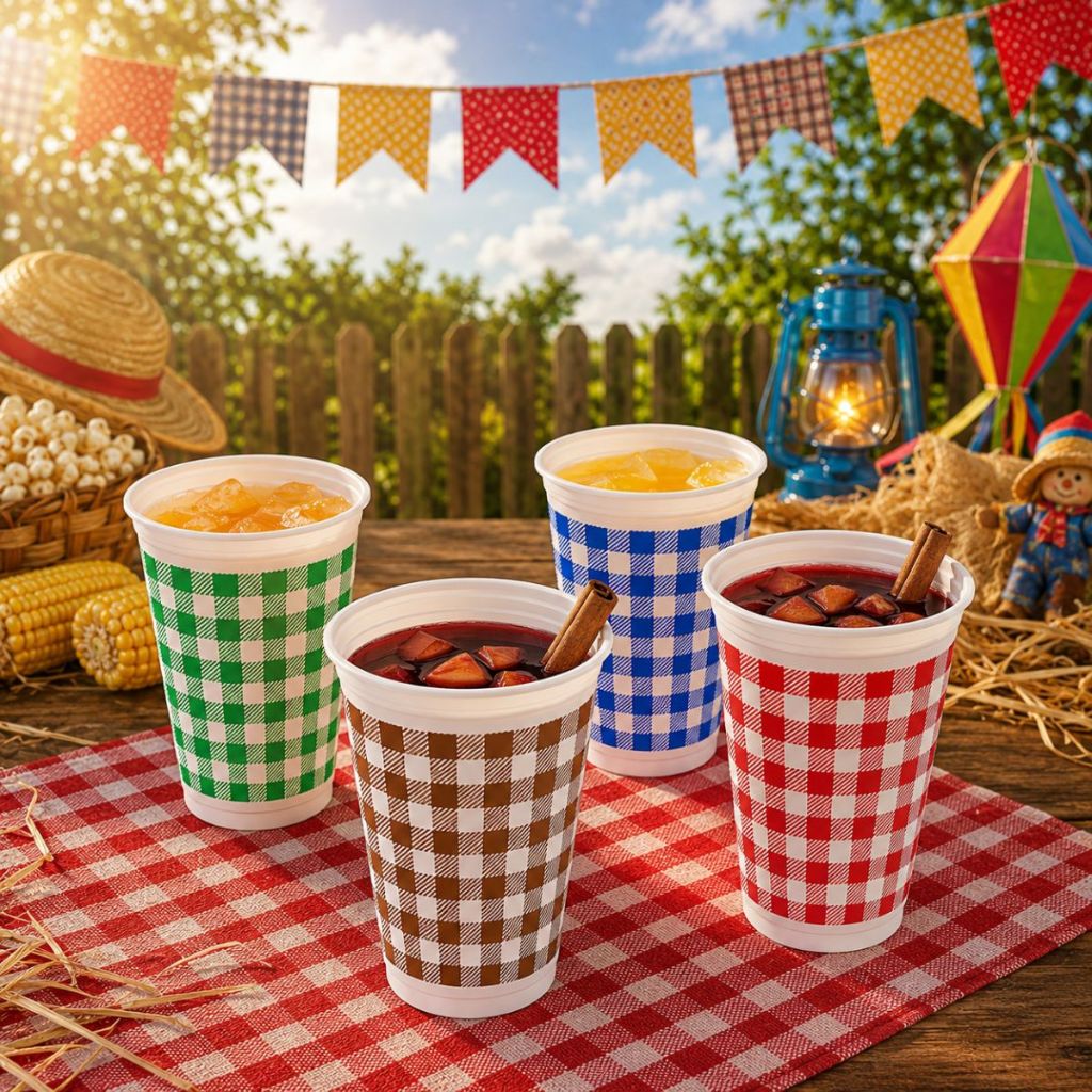Copo Descartável Xadrez 200ML C/25 Unidades Kaixote Festa Junina
