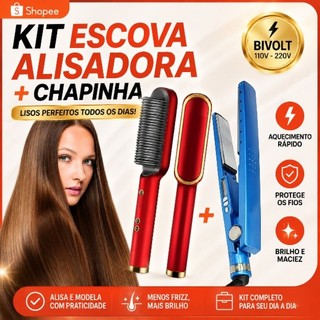 Kit chapinha de cabelo nano titnanium 450° +  escova alisadora bivolt 5 em 1 para cabelos pratico