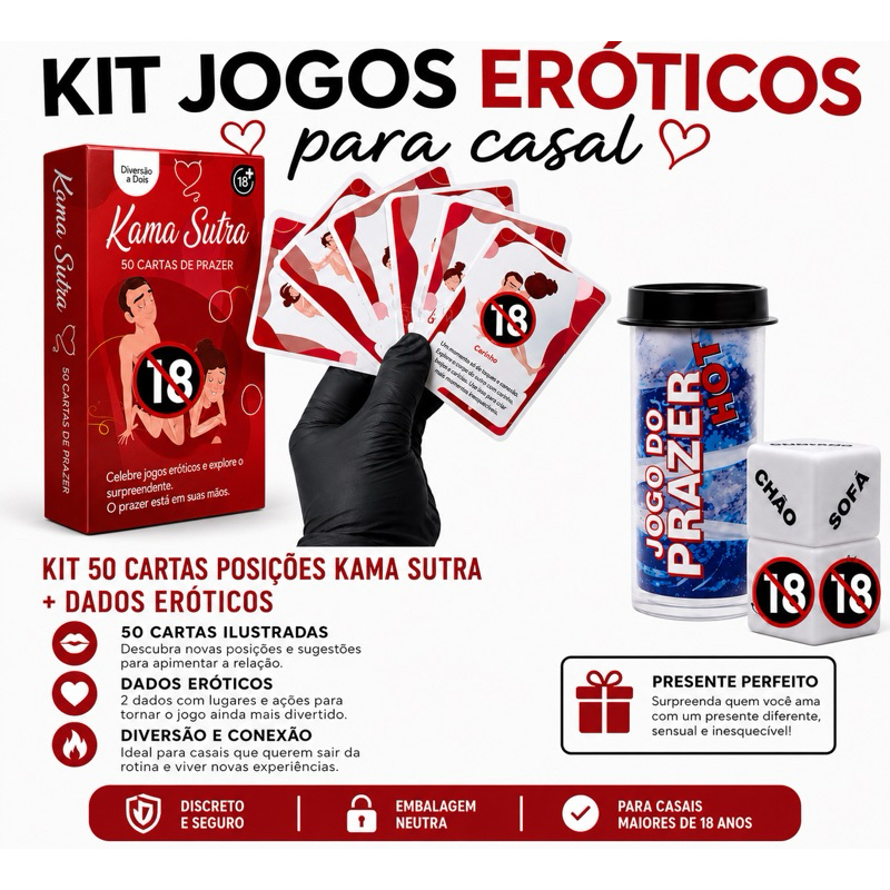 Kit Baralho Jogo Erótico Kama Sutra 50 Cartas Prazer Hétero + Dados Eróticos jogo casal +18 Sex Shop