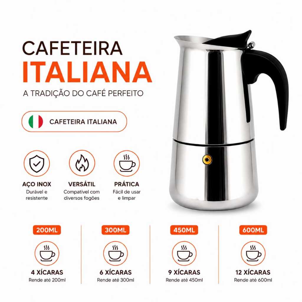 Imagem Cafeteira Italiana Premium Moderna 12/9/6/4 Xícaras Café Expresso Forte Moka Aço Inox
