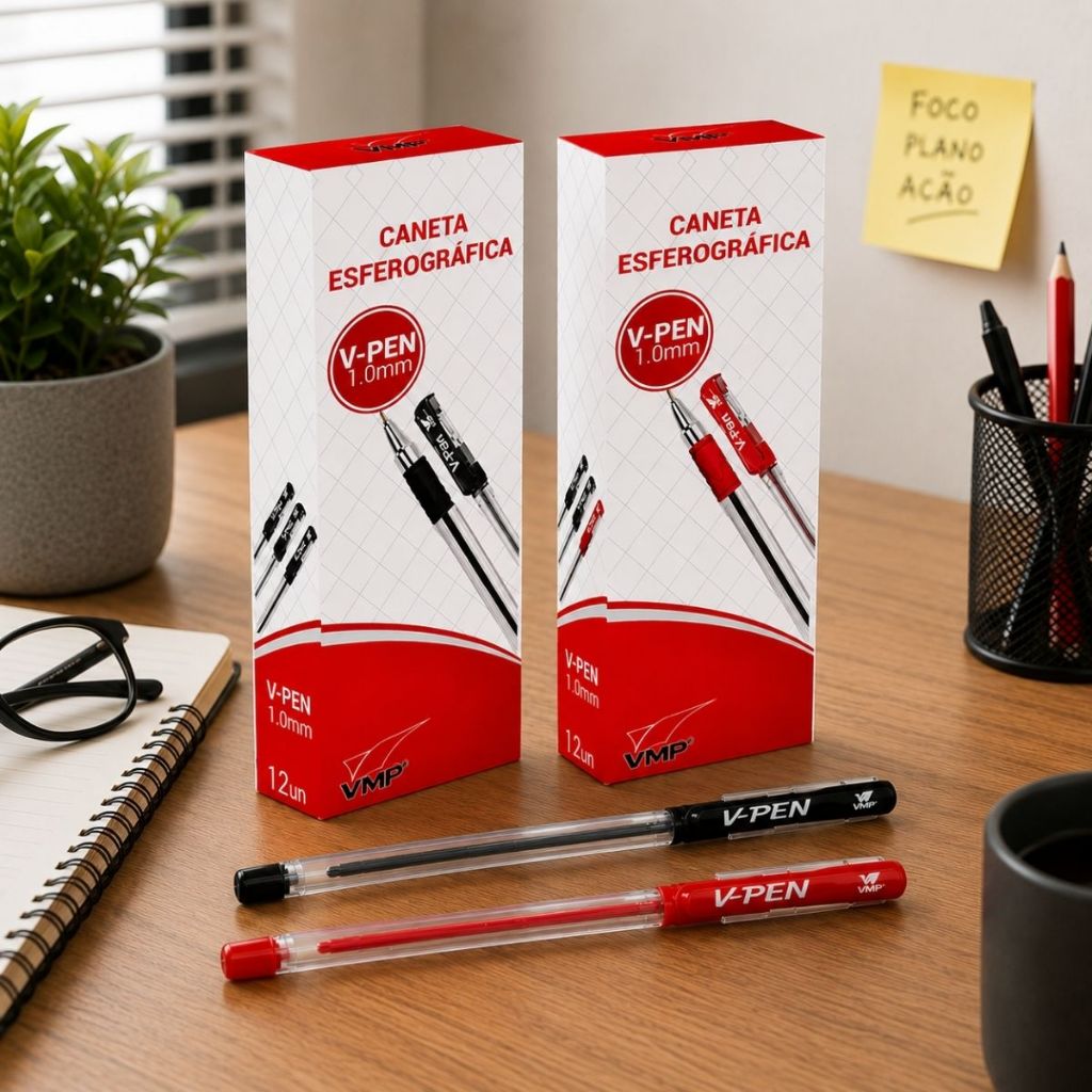 Kit 12/24/36/48/60 Caneta Esferográfica Média 1.0mm Vermelho Preto V-Pen Escola Escritório VMP