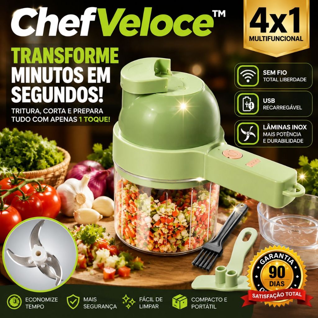 Triturador Elétrico ChefVeloce™ Multifuncional 4x1 Sem Fio USB Recarregável Mini Processador Cortador de Legumes e Temp.