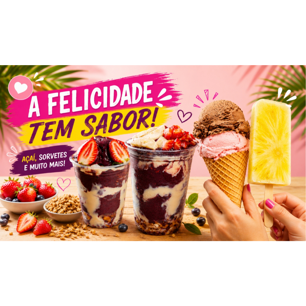 Painel Adesivo Decorativo Parede Trailer Carrinho Sorvete Massa Picolé Acaí com frutas Copo Sobremesa Gelada