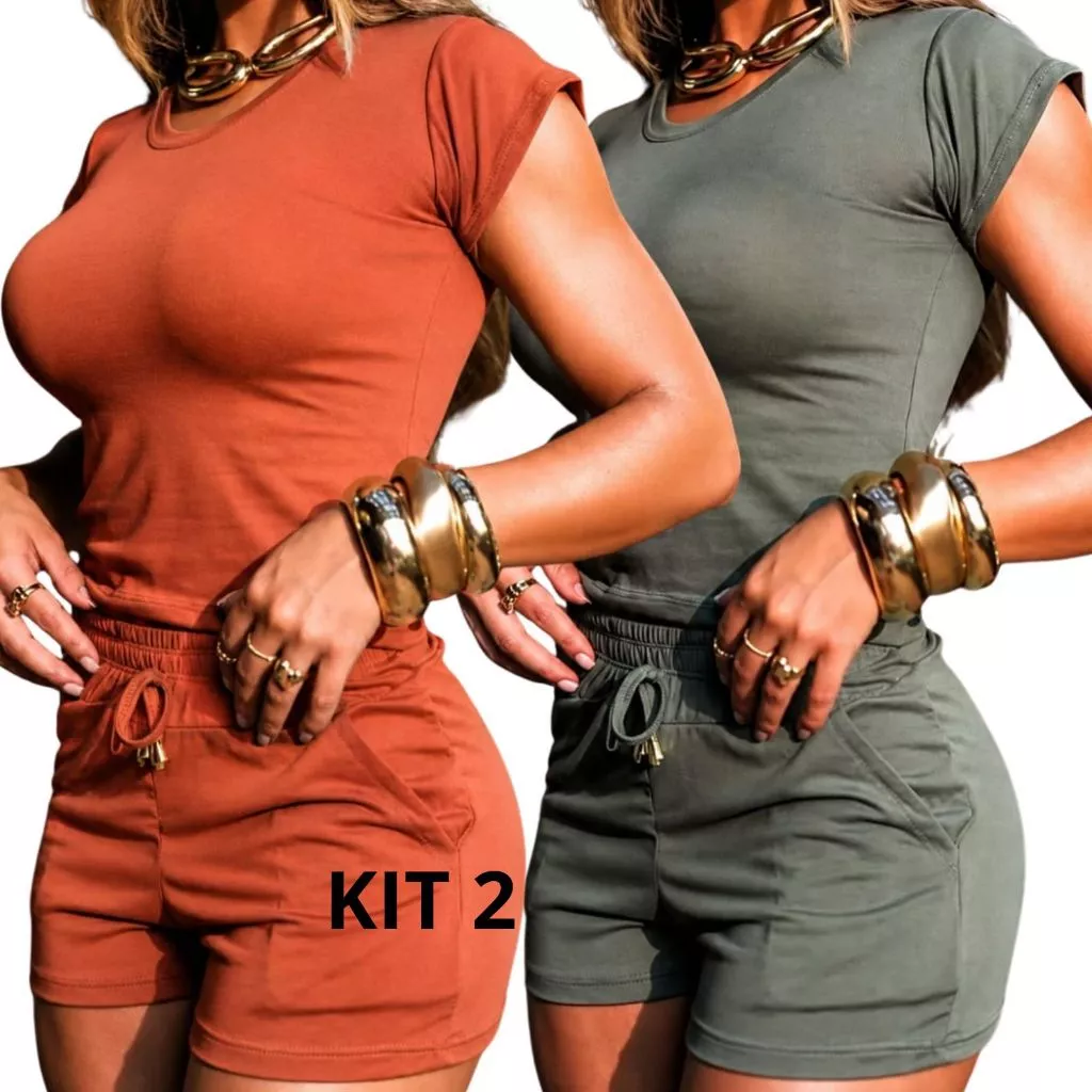 Kit 2 Conjunto Feminino Shorte Blusa ]Casual Festa Dia Dia Formal Leve Verão Desponjado Chic Sporte Tropical Confortavel — imagem 1