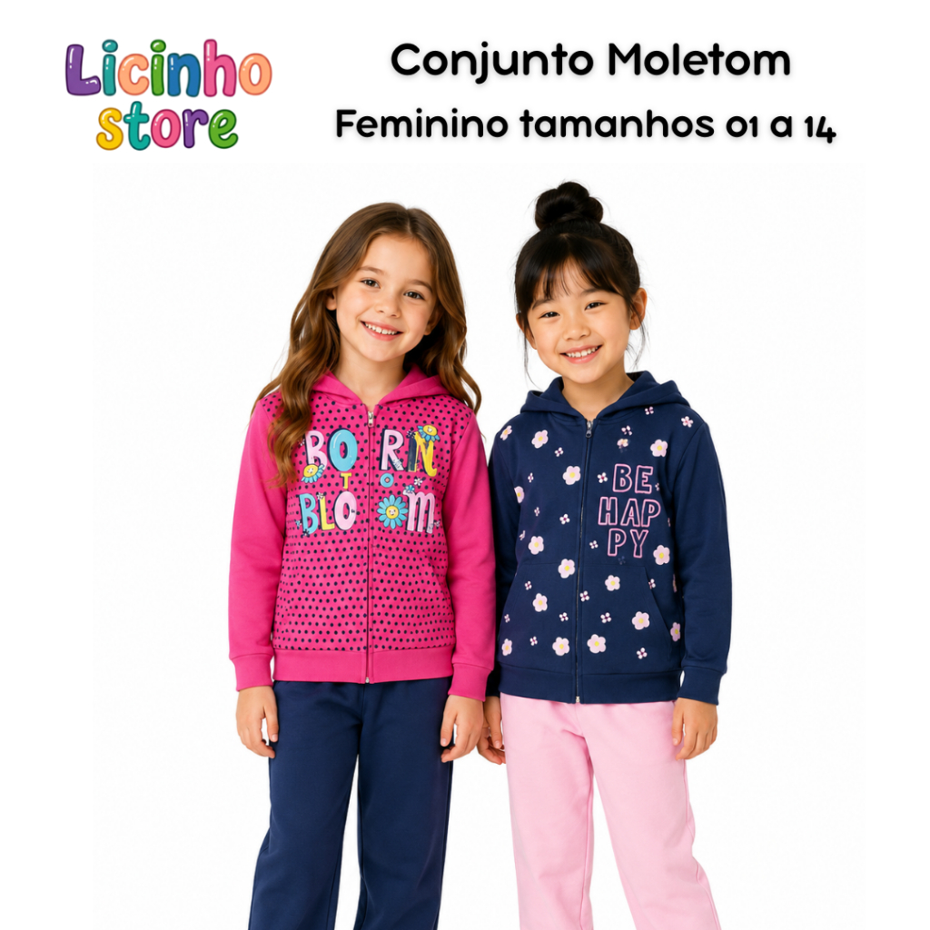 Conjunto Moletom Infantil Menina - 2 Peças - Tam. 1 ao 14 - 1 Conjunto = 1 Blusa +1 Calça - Sortido