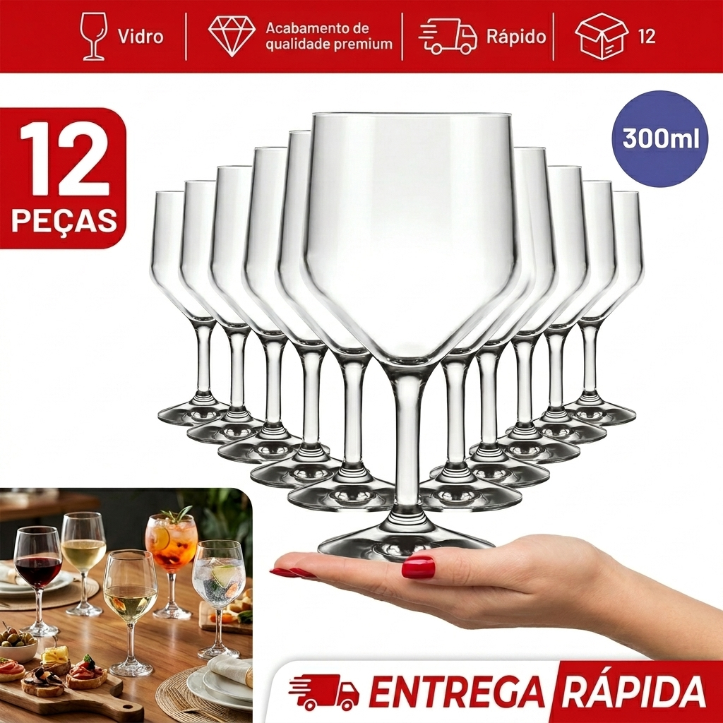Kit Jogo de 12 Taças de Vidro Multiuso Para Buffet SM 300ml