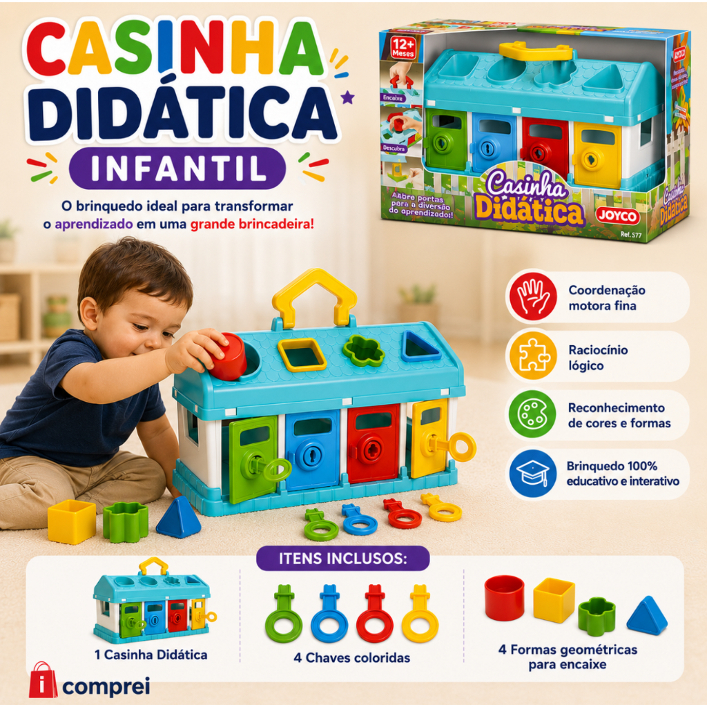 Brinquedo Educativo Casinha Didática Colorida Infantil Com Chaves E Formas Encaixe Divertida