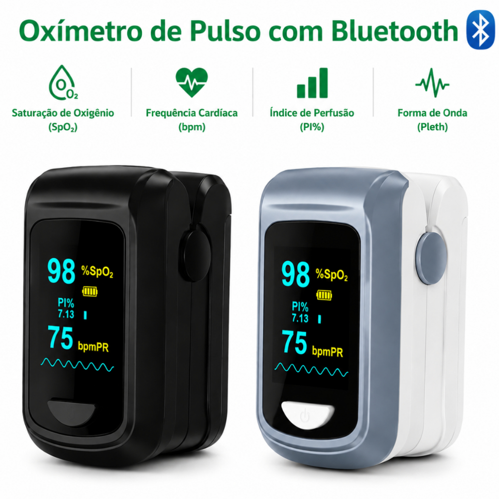 Oxímetro de Pulso Bluetooth, compacto e preciso. Meça SpO₂ e batimentos rápido e fácil!