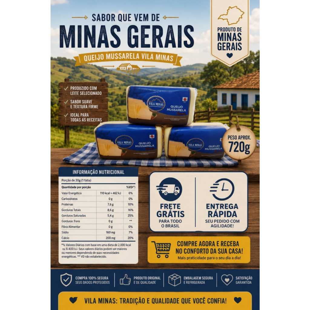 queijo mussarela artesanal Vila minas aprox 720 gramas Premium