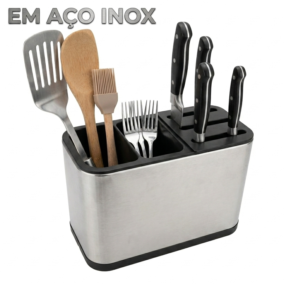 Porta Talheres Organizador Aço Inox Pia Cozinha Portatil Suporte Talheres e Facas Com divisórias