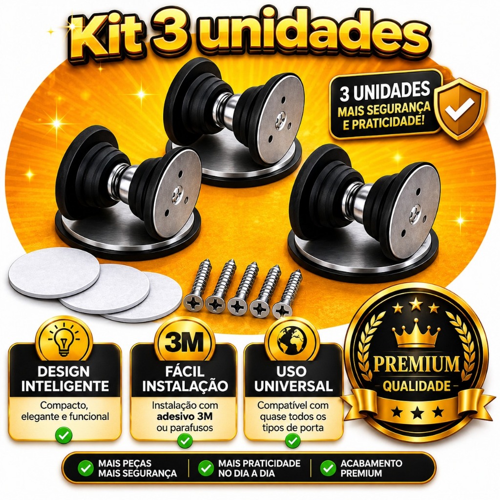 Kit 3 Prendedor Fixador Trava Porta inox Magnético Adesivo 3M Instalação Fácil Mola de Amortecimento