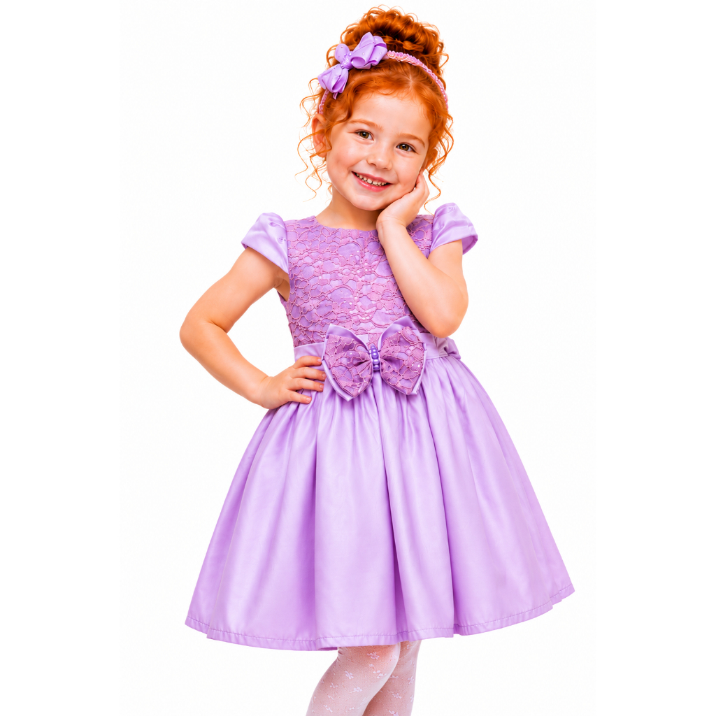 Vestido Infantil festa menina Lilás lavanda luxo rodado com renda laço de perólas forrado com tulé