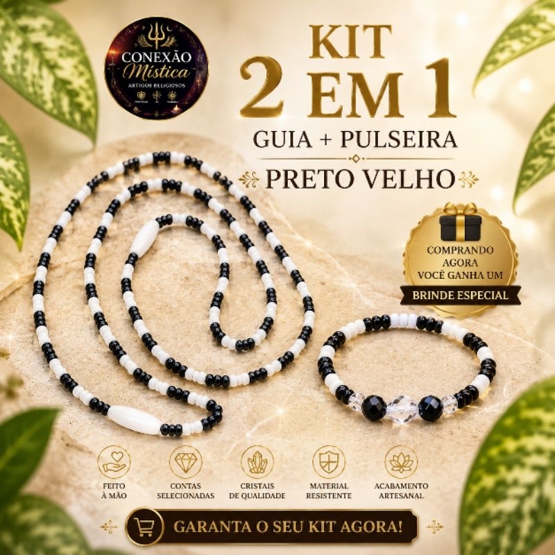 Kit Preto velho| Umbanda| Guia + Pulseira Proteção e Trabalho 7×7 com firma de murano
