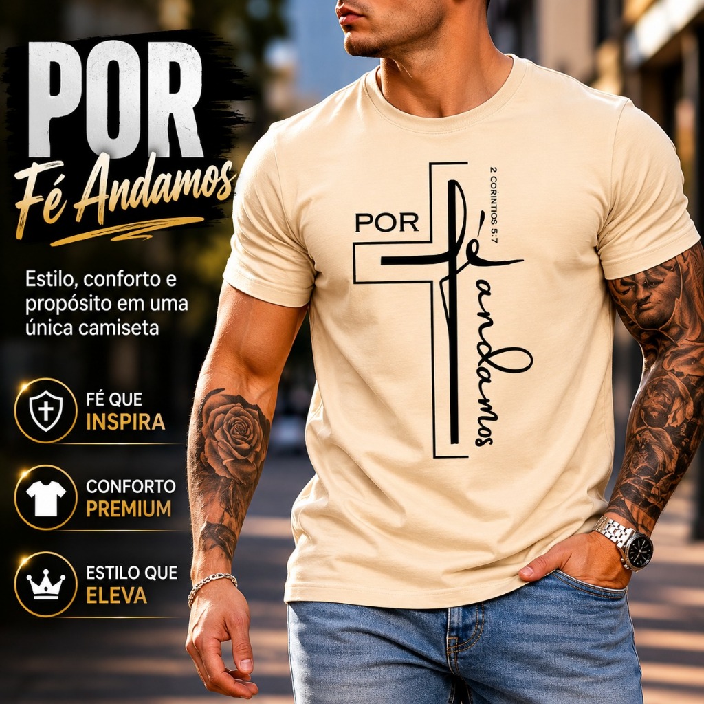 Camiseta Fé Estampada Long Line Camisa Masculina 100% Algodão Manga curta Adulto Casual Masculino