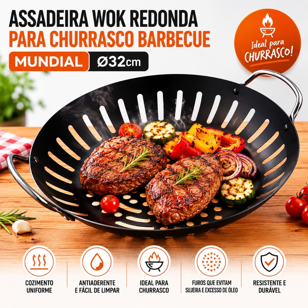 Assadeira Wok Grelha Redonda para Churrasco Antiaderente  Barbecue Mundial 32cm BQ60-04