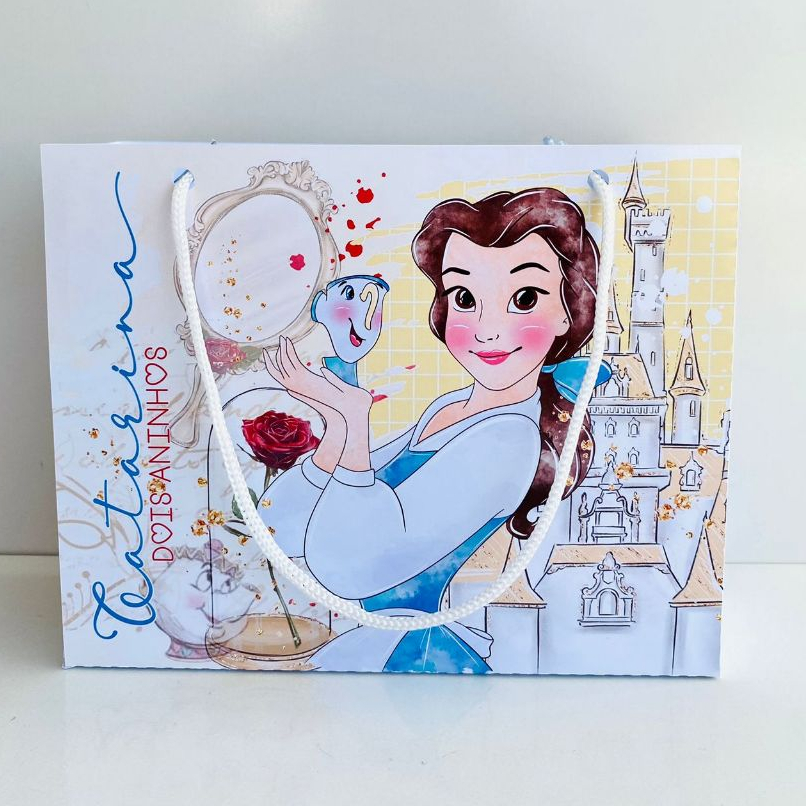 Kit Sacolinha Personalizada Princesa Bela A Bela e a Fera Lembrancinha Surpresa Festa Infantil Aniversário 20x15x6cm