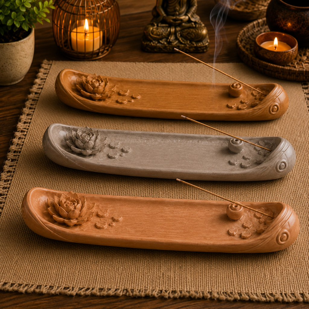 Imagem Porta Incenso Incensário Barco Decoração Zen Yoga Meditação Aromaterapia Cascata Fumaça Cores Kit