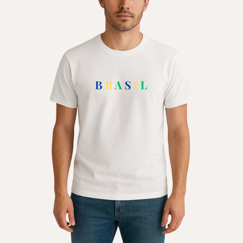 Camiseta Básica Estampa Brasil Colorido Torcida da Seleção Brasileira Copa 2026