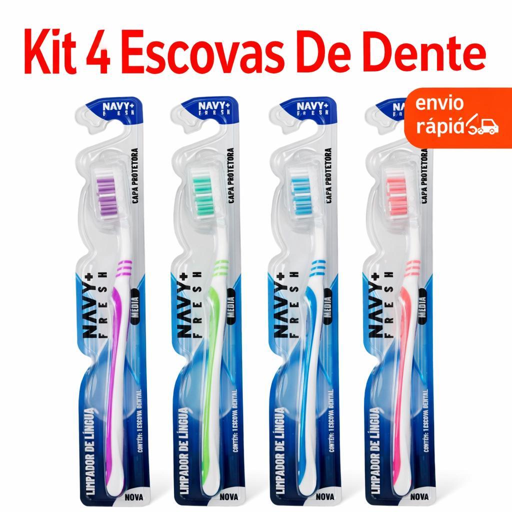 Kit 4 Escovas De Dente Cerdas Medias Com Capa Protetora Escova Dental