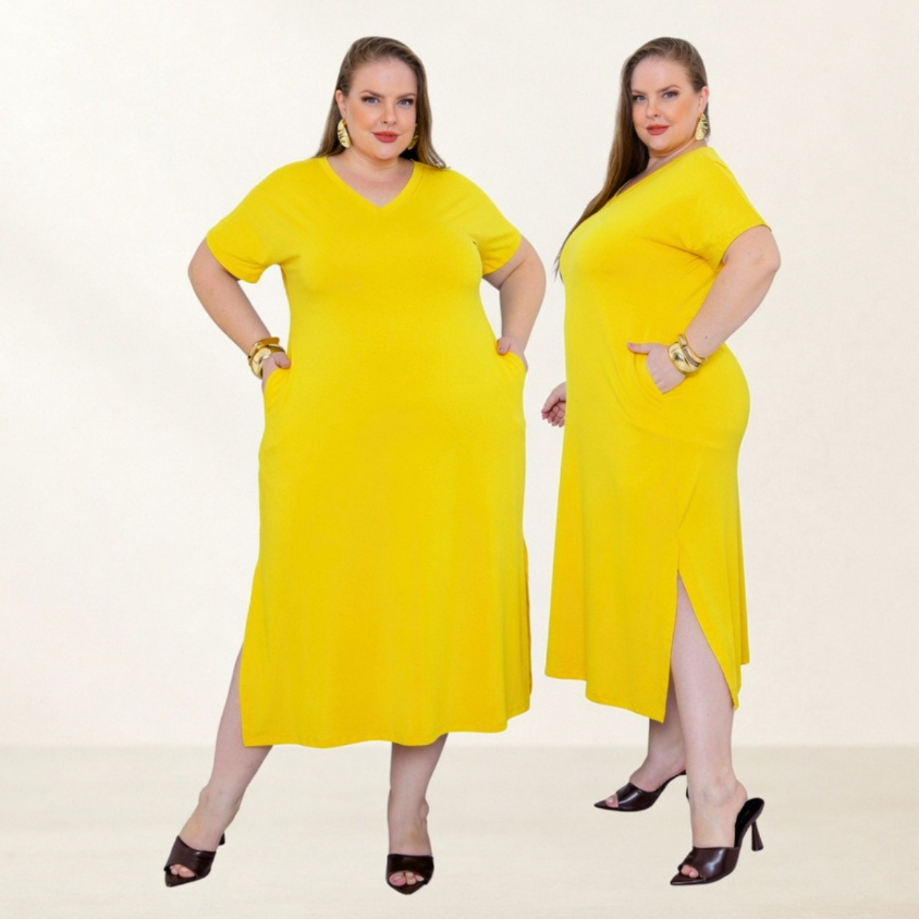 Vestido Plus Size Midi Evangélico Malha Viscolycra Gola V Bolsos 42 ao 58