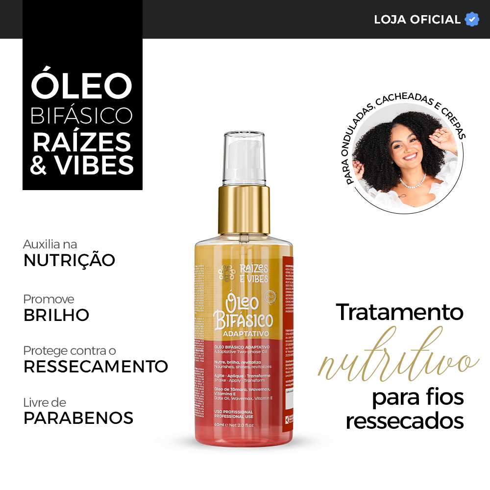 Óleo Bifásico Nutrição e Brilho Imediato Adaptativo 60ml - Raízes & Vibes