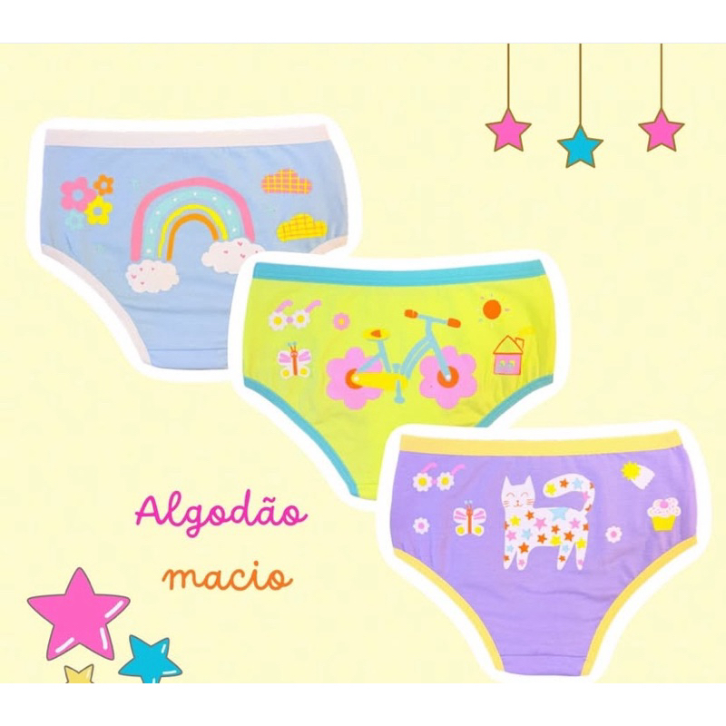 kit 5 calcinhas infantis de algodão ultra confortável, toque suave e lisa! desfralde menina