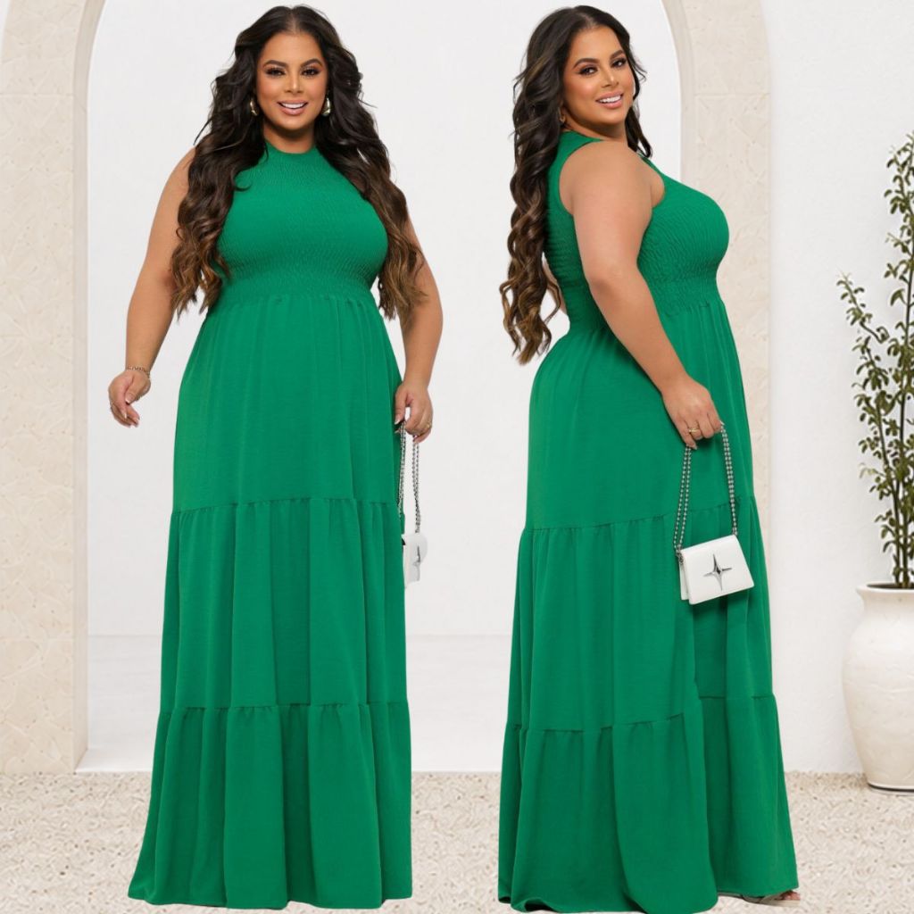 Vestido Feminino Longo Unico e Plus Size Moda Maior Curve Regata Cavada Sem Manga e 3 Marias Tecido Crepe dunas
