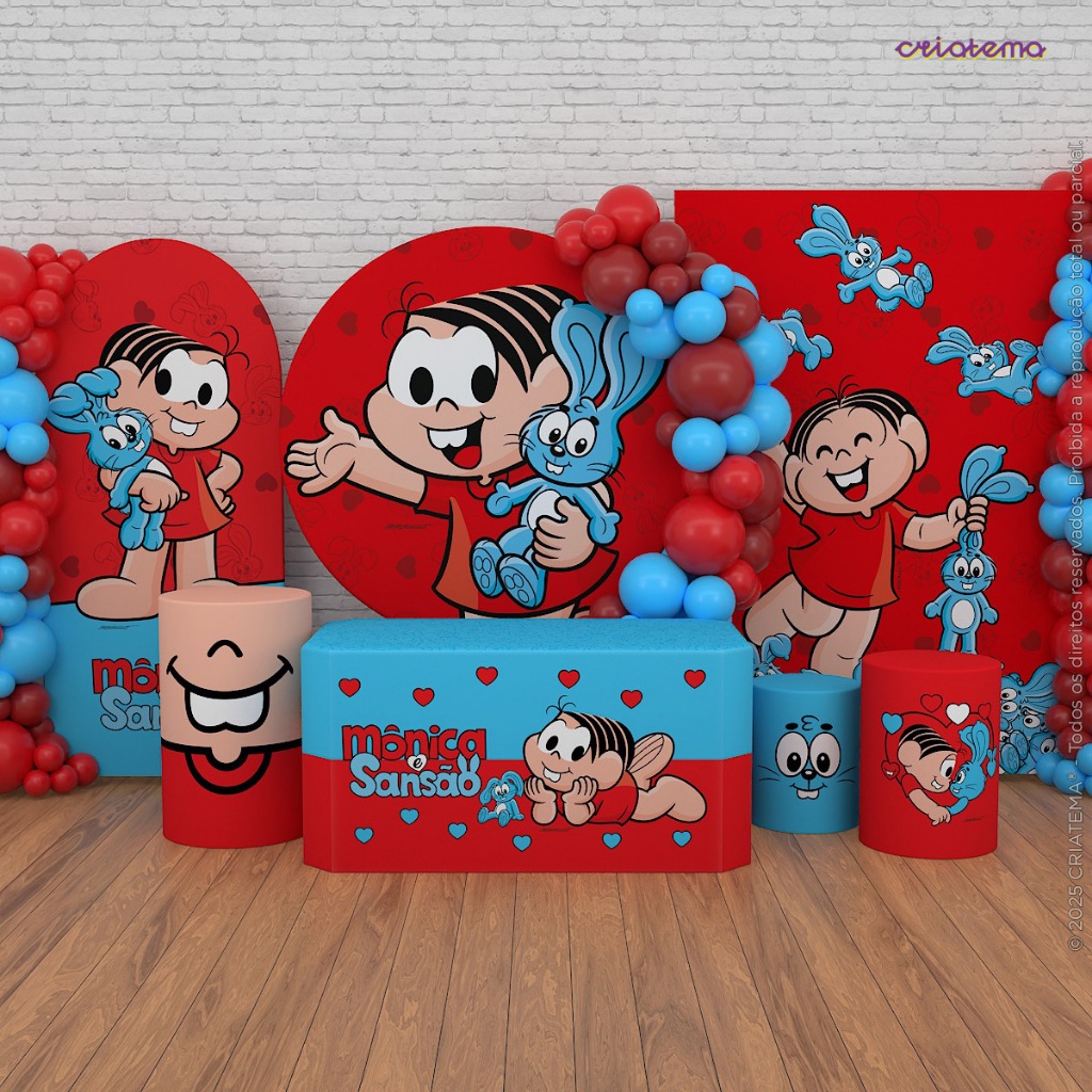 Painel Mônica e Capas Decoração Turma da Mônica Aniversário Sublimado Em Tecido - Produto Oficial