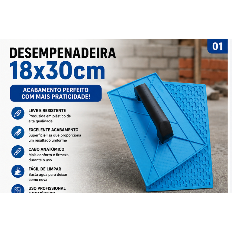 Desempenadeira Plástica 18x30cm Profissional Para Reboco Massa Corrida Textura Acabamento Construção Civil