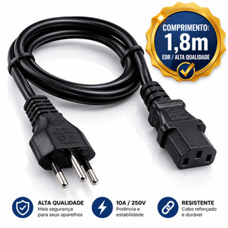 Cabo De Força Tripolar 1,8m Para Computador Monitor E Fonte 10A