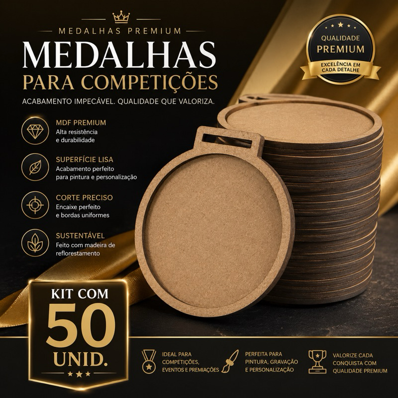 Kit Medalhas em MDF Redonda Personalizável Para Premiação Competição Escolar 9cm x 8,5cm