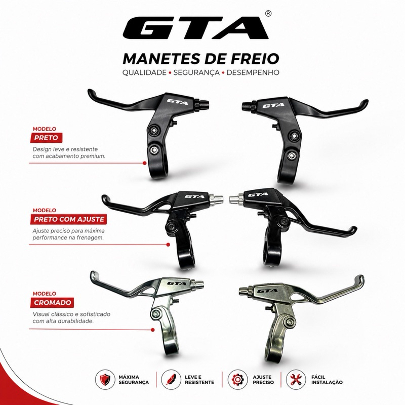 Par de Maçaneta Freio GTA Alumínio MTB Regulável 3/4 Dedos Polida Preta Para V-Brake e Disco Mecânico