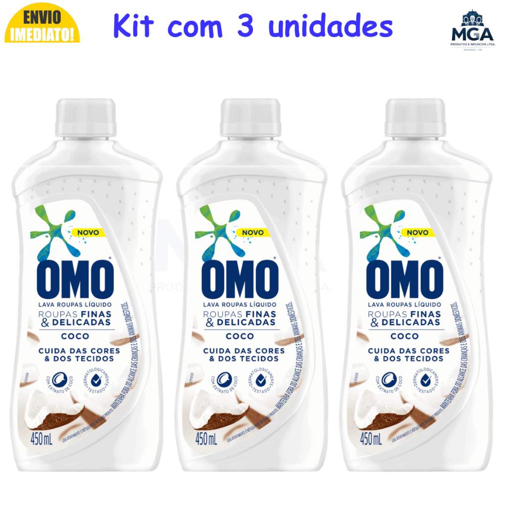 Kit OMO Coco 450ml Sabão Líquido Roupas Finas e Delicadas Hipoalergênico Original