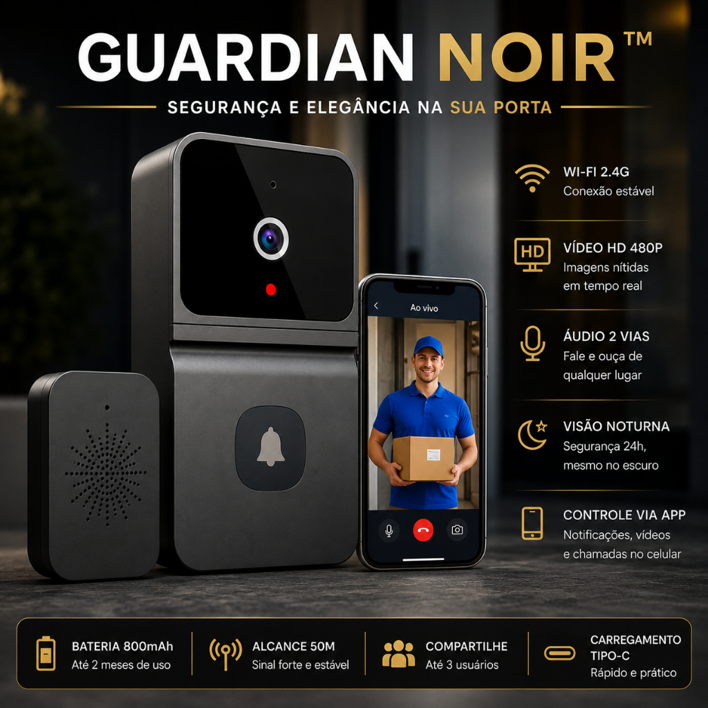 Campainha Inteligente WiFi com Câmera Visão Noturna Áudio 2 Vias Guardian Noir - Video Porteiro