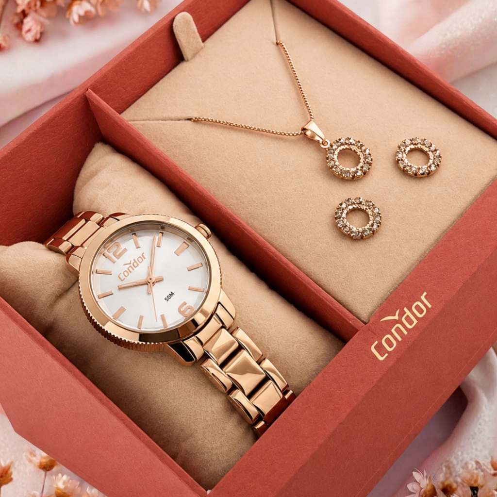 Kit Relógio Condor Feminino De Pulso Analógico Com Colar E Brinco Rose Fundo Branco Prova D'água Original