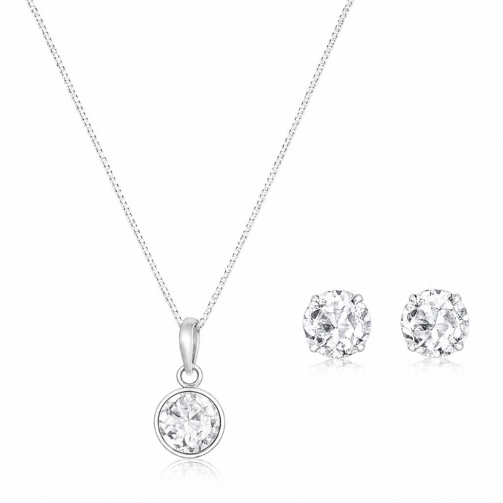 Conjunto Colar e Brincos Ponto de Luz 6 mm Transparente em Prata 925