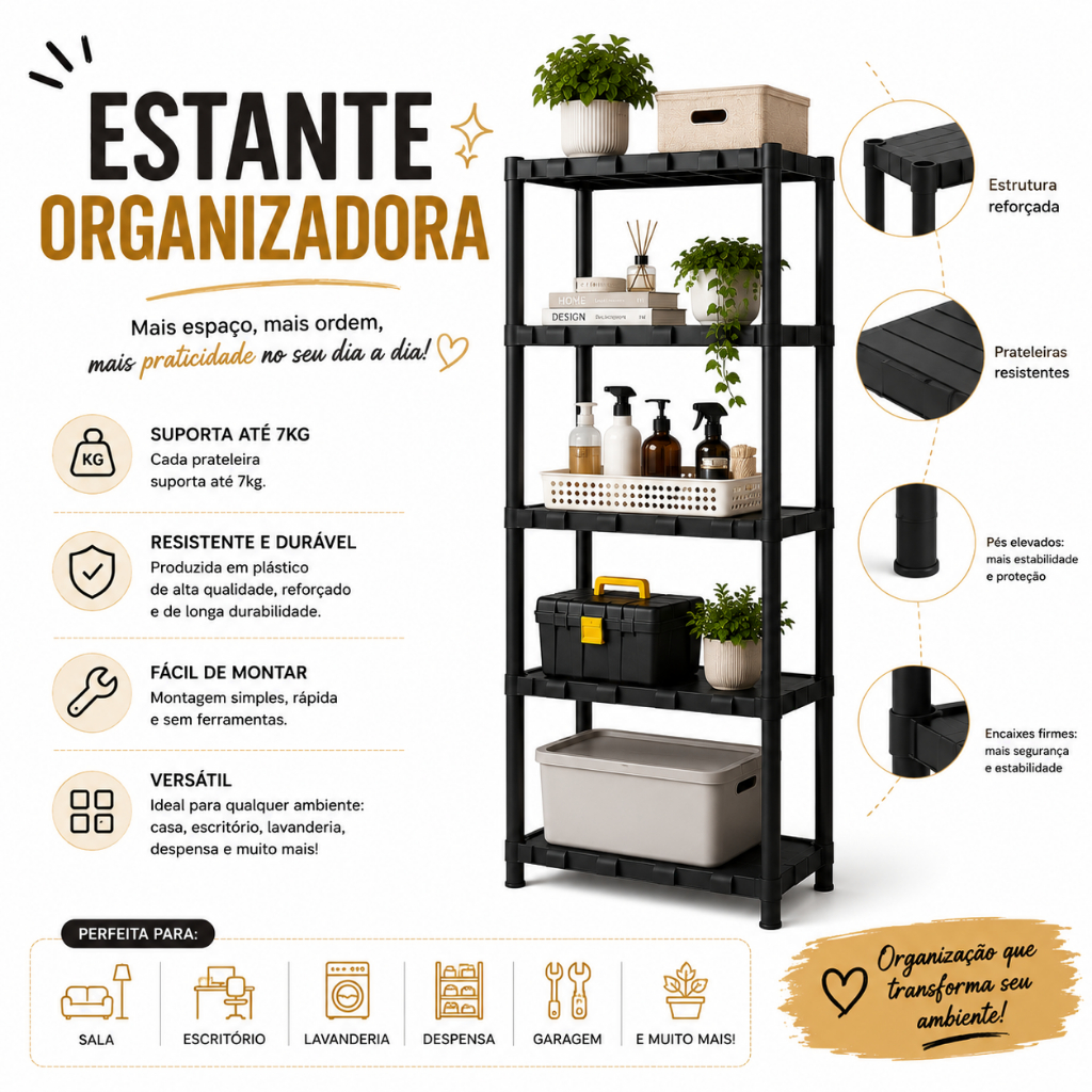 Estante Organizadora Multiuso Modular Plástico 3/4/5 Prateleiras Casa Sala Quarto Cozinha Lavanderia