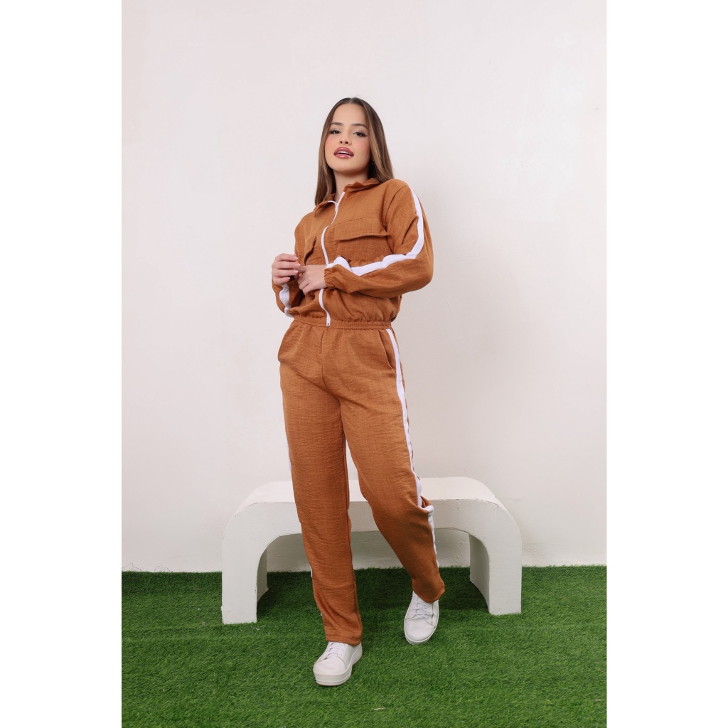 Conjunto Roupa inverno elegante Feminino pré - Adolescente Casaco com Zíper  e Calça com detalhe na lateral infantil