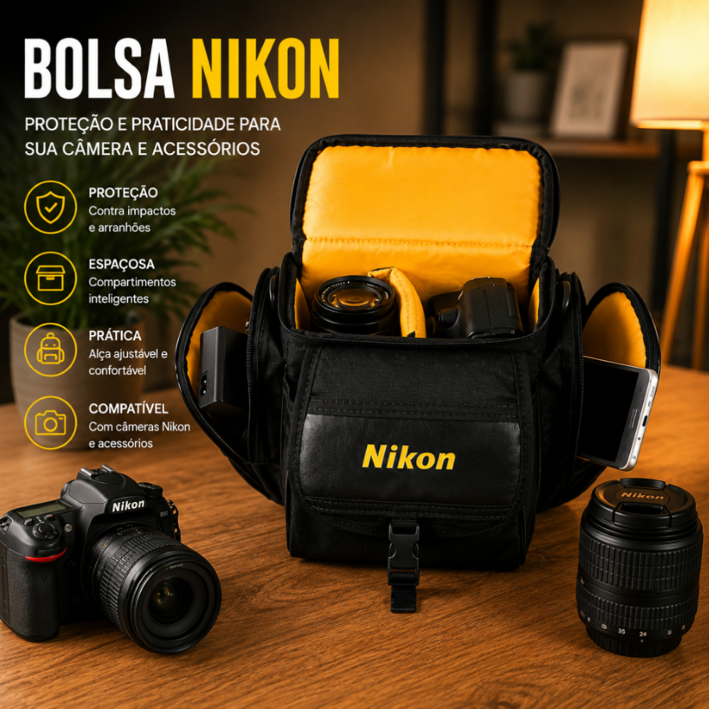 Bolsa Case Bag Para Câmera Fotográfica Nikon e Acessórios Semi Impermeável Câmera DSLR D7000, D3200, D5300, D5200