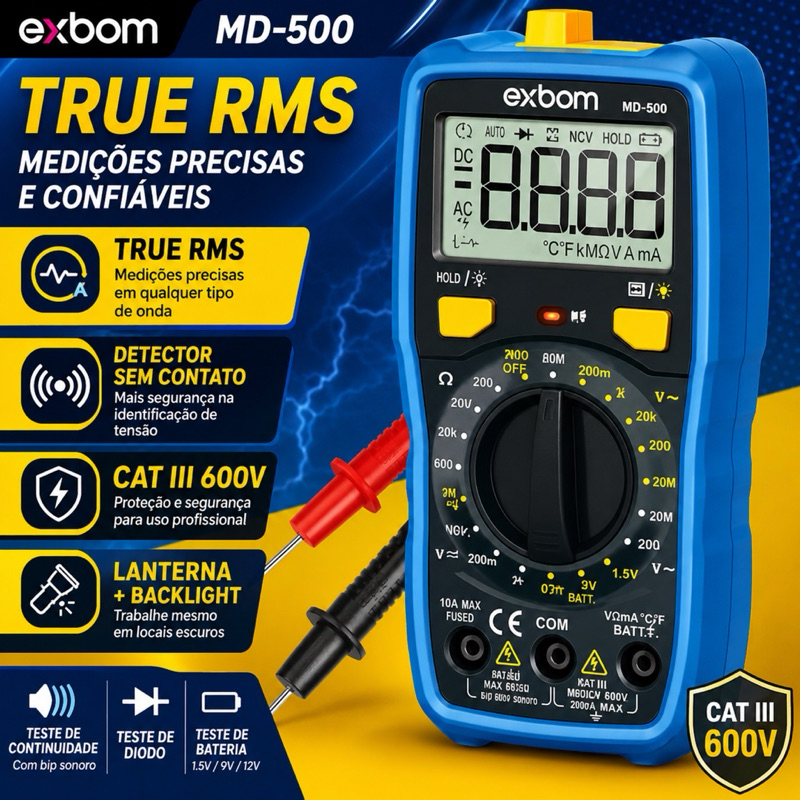 Multímetro Digital Exbom MD-500 True RMS Profissional NCV CAT III 600V Teste de Continuidade e Diodo