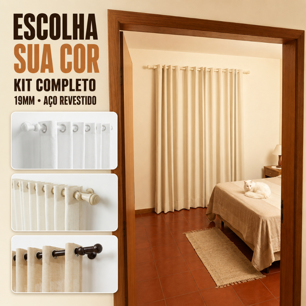 Kit Varão de Cortina Simples Por Metro em Aço 19mm - Resistente e Bonito para Janelas da Sala, Quarto e Cozinha