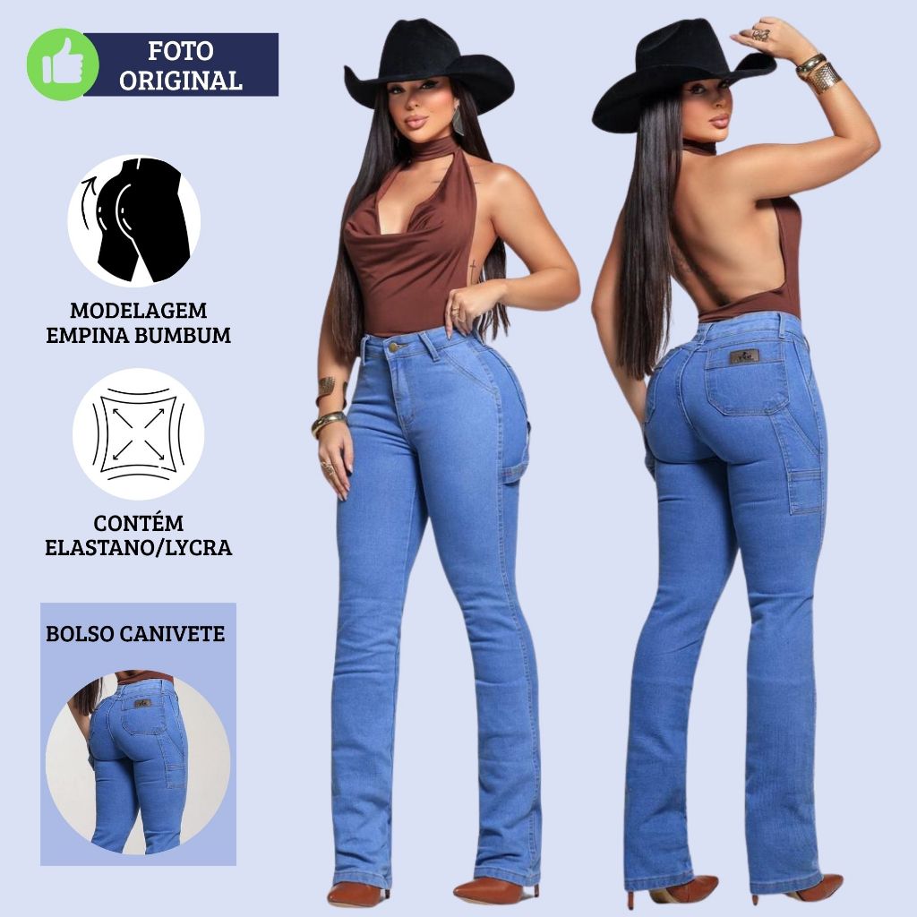 Calça Jeans Country Carpinteira Feminina Jeans Cintura Alta Empina Bumbum Com Elastano Lycra