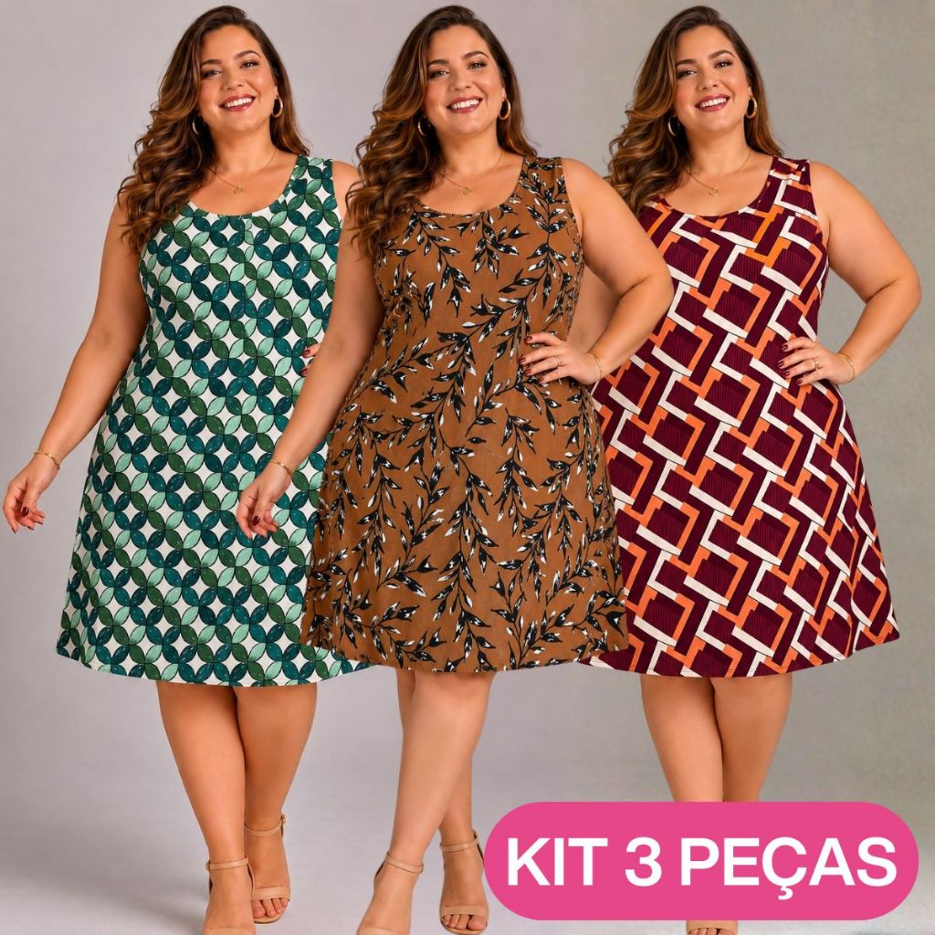 KIT 3 Vestidos Regata Liganete Soltinho para Senhoras e Mulheres Confortável Plus Size