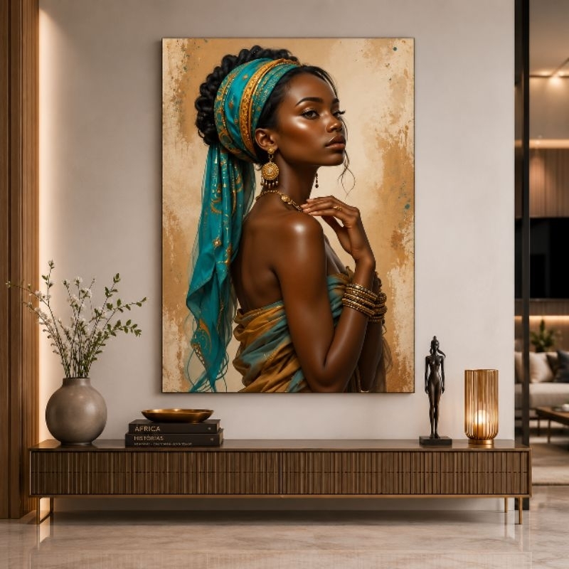 Quadro Decorativo 1 Peça Mulher Africana com Joias Tons de Azul Turquesa e Dourado