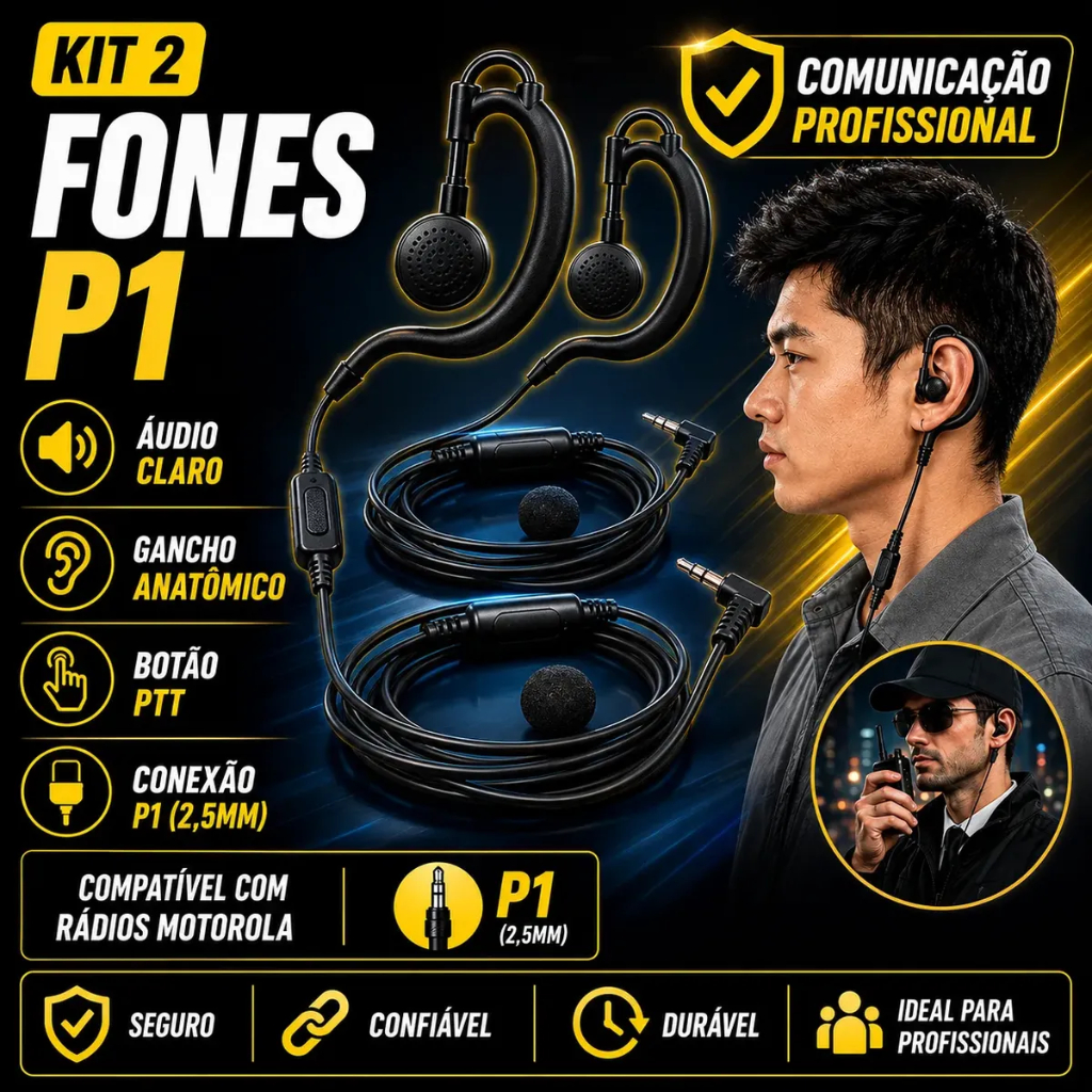 Kit 2 Fone de Ouvido com Microfone Ptt Para Rádio Motorola Talkabout Conexão P1 Compatível Com T200 T210 T400 T470 T600