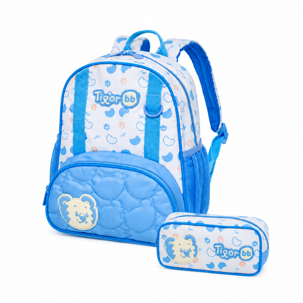 Kit Mochila Costas Infantil Tigor BB Com Estojo Escolar Menino Cor Azul Mochila Creche Pré Escola