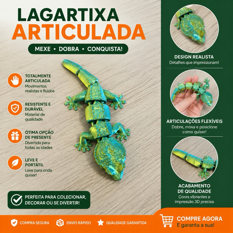Lagartixa Articulada 3D Kit 2 un Verde e Bege