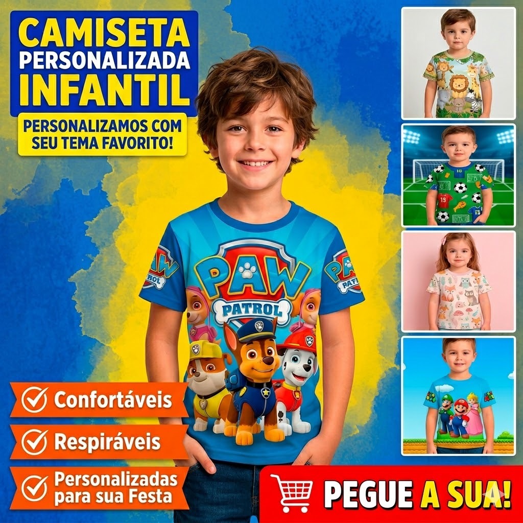 Camiseta Infantil Personalizada Blusa Aniversário Festa Evento Sublimação Temas Com Nome E Idade