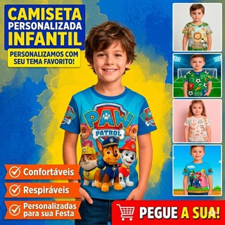 Camiseta Infantil Personalizada Blusa Aniversário Festa Evento Sublimação Temas Com Nome E Idade